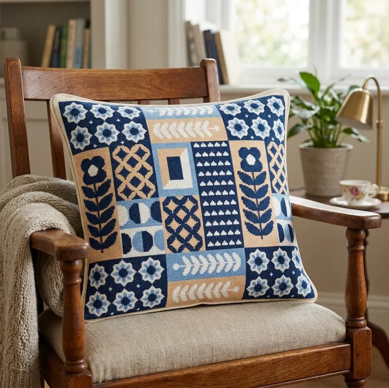 Indigo and cream geometric block cross stitch finished as a square throw pillow on a wooden armchair.