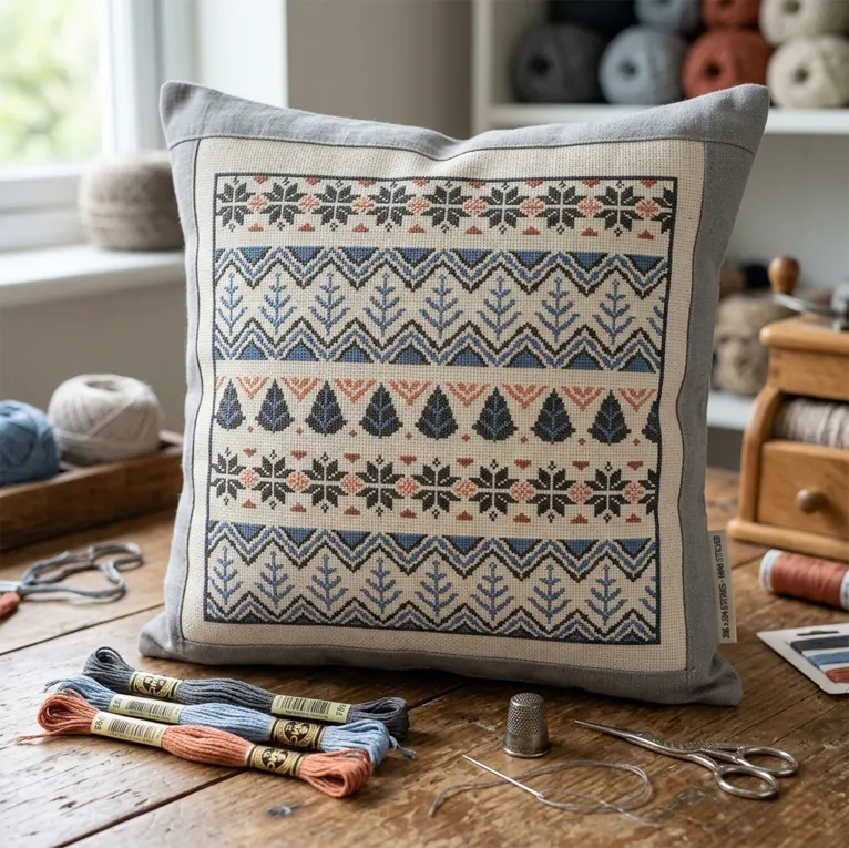 Cushion with blue trees and grey snowflakes stitched on cream fabric, sitting on a wooden table.