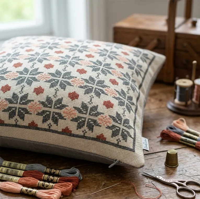 Square cushion with a grey, peach and rust cross stitch pattern on a wooden table.